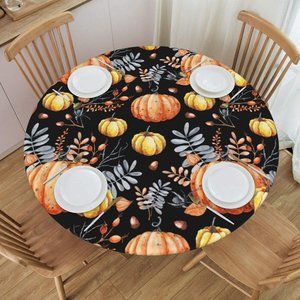 Fall Leaves Halloween Pumpkin Round Tablecloth Elastic Fitted Waterproof (S)